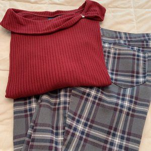 2pc Gray/Maroon Plaid Pants - Maroon Top by Rafaella